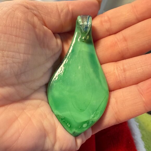 Murano Style Art Glass Pendant Teardrop Swirl | Blue Green Copper Glass Jewelry - Picture 3 of 7